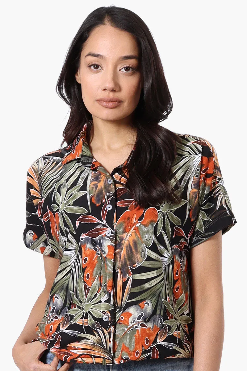 Beecher Brook Leaf Pattern Cropped Short Sleeve Blouse - Black sold by Fairweather