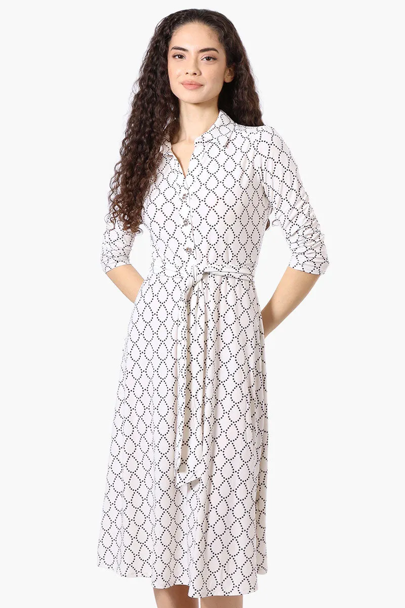 Beechers Brook Patterned Button Up Belted Midi Dress - White sold by Fairweather