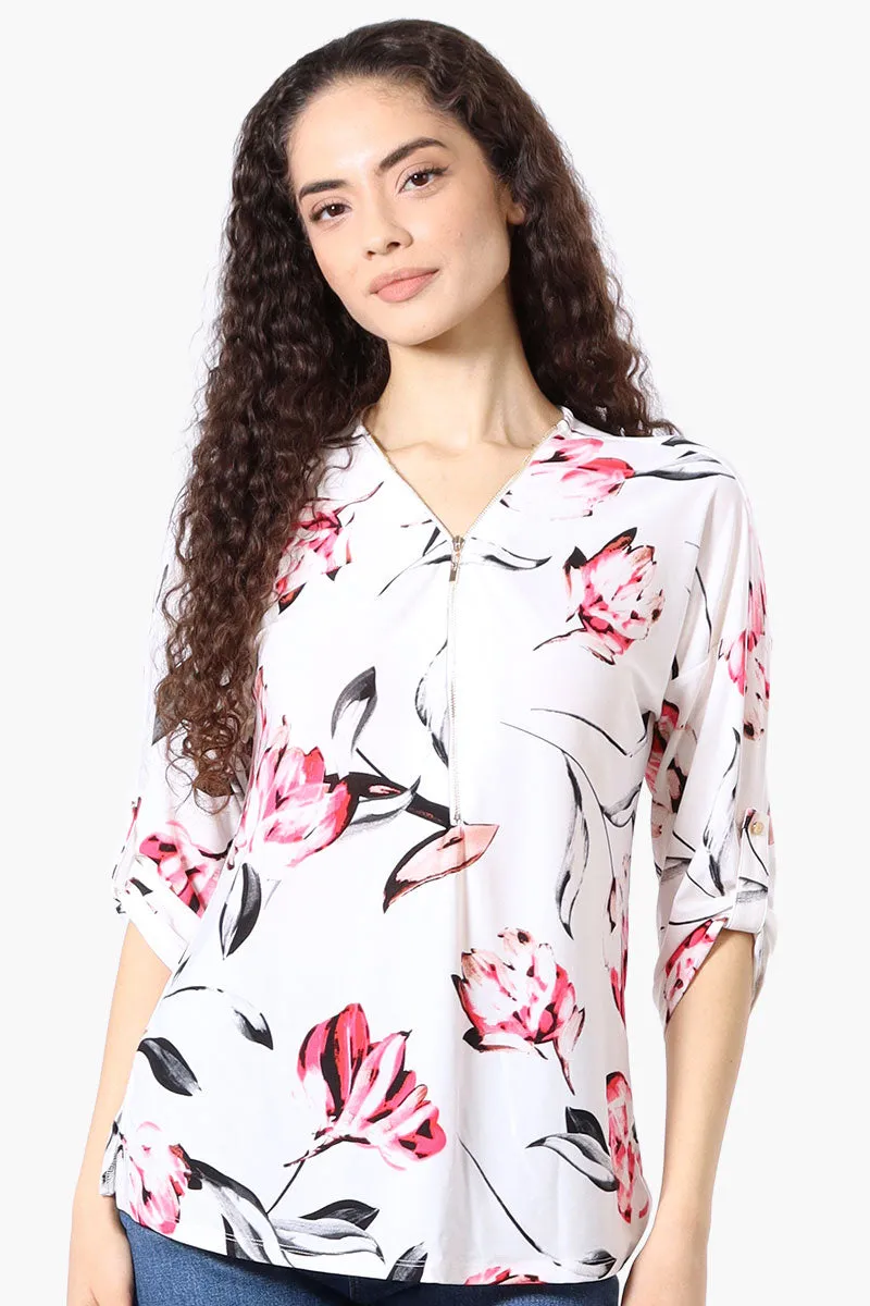 Beechers Brook Floral Roll Up Sleeve Half Zip Blouse - White sold by Fairweather