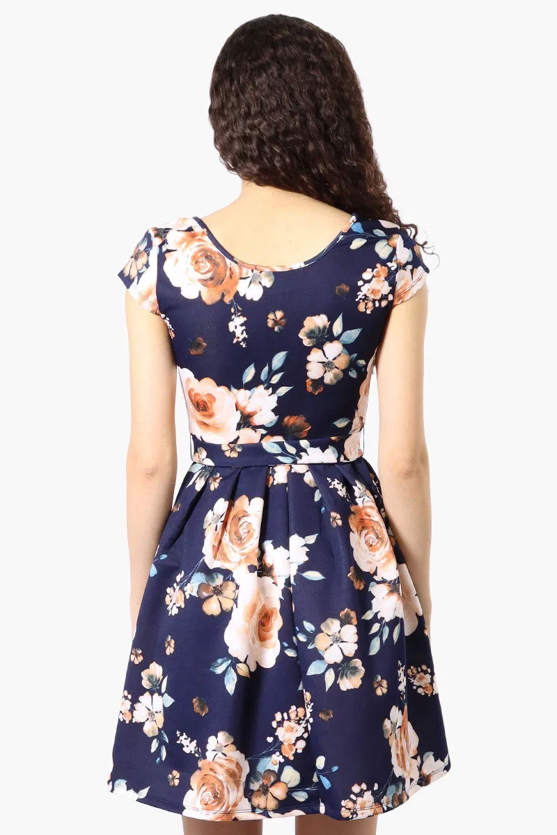 Costa Blanca Floral Belted Cap Sleeve Day Dress - Navy sold by Fairweather product image thumbnail 3