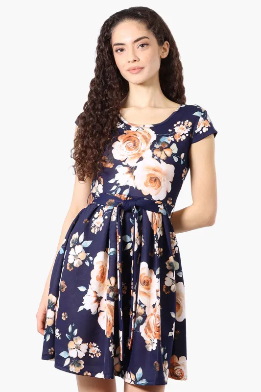 Costa Blanca Floral Belted Cap Sleeve Day Dress - Navy sold by Fairweather