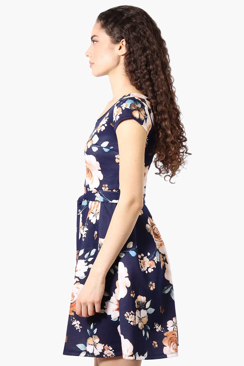Costa Blanca Floral Belted Cap Sleeve Day Dress - Navy sold by Fairweather product image thumbnail 2
