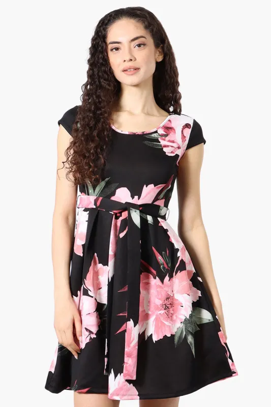 Costa Blanca Floral Belted Cap Sleeve Day Dress - Black sold by Fairweather