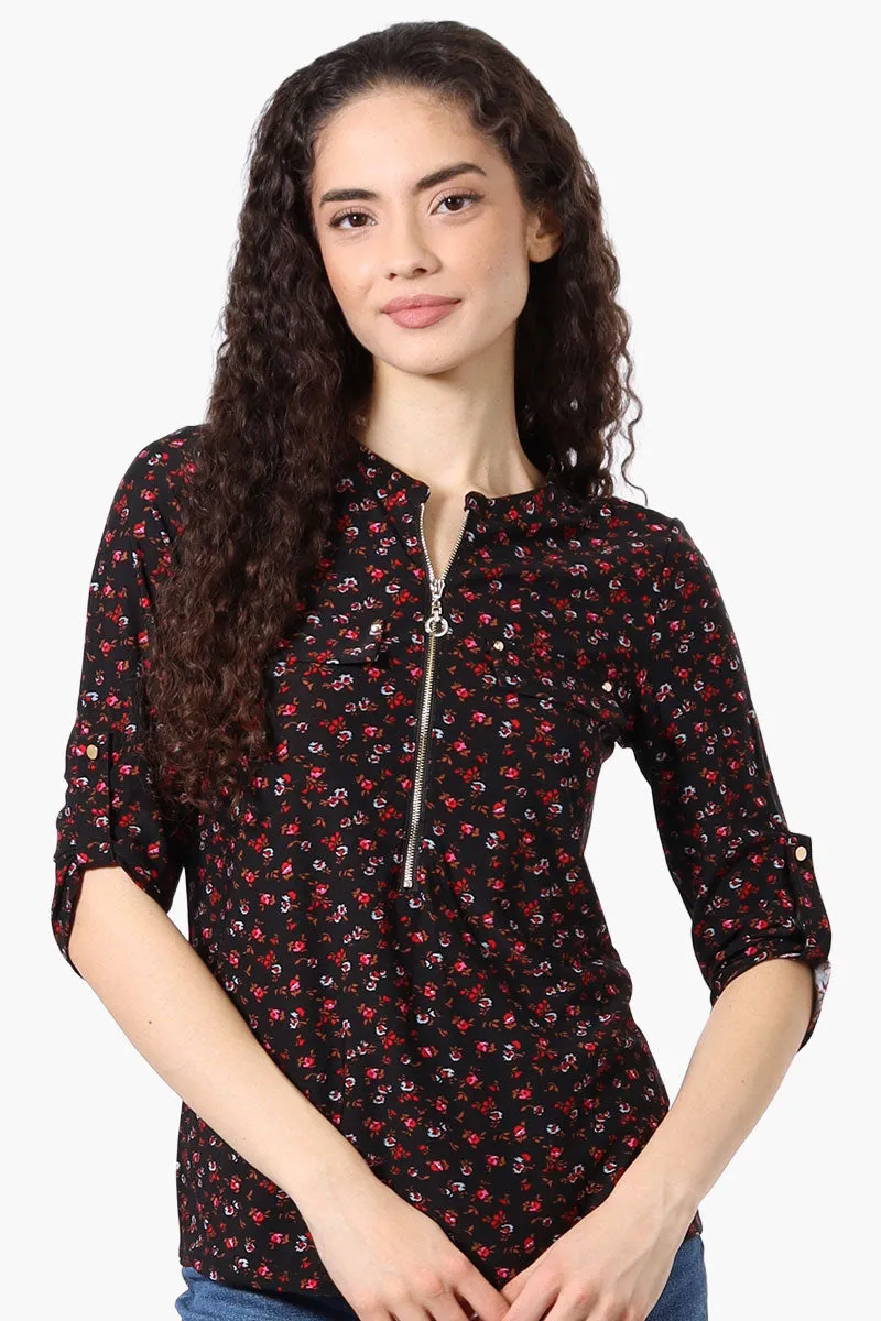 Beechers Brook Floral Roll Up Sleeve Half Zip Shirt - Black sold by Fairweather