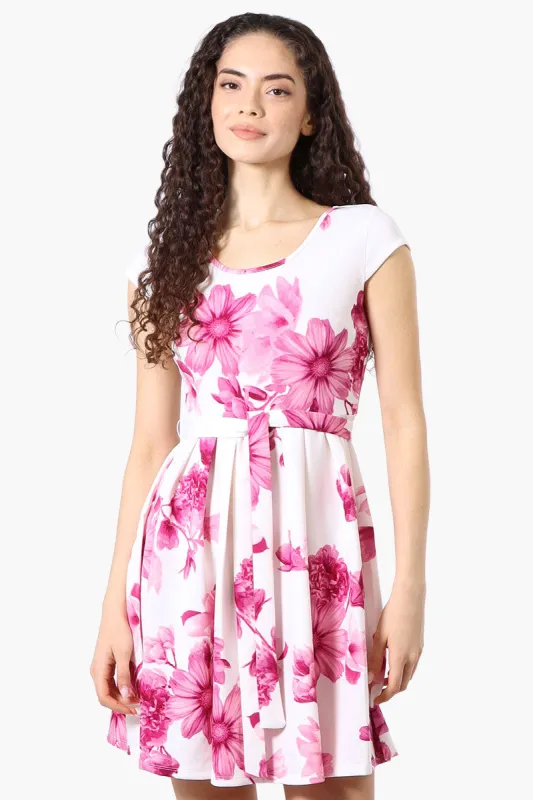 Costa Blanca Floral Belted Cap Sleeve Day Dress - Pink sold by Fairweather