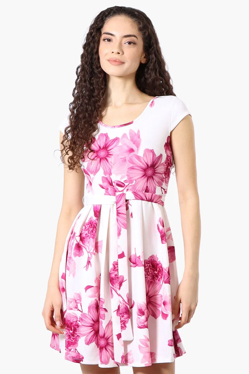 Costa Blanca Floral Belted Cap Sleeve Day Dress - Pink sold by Fairweather