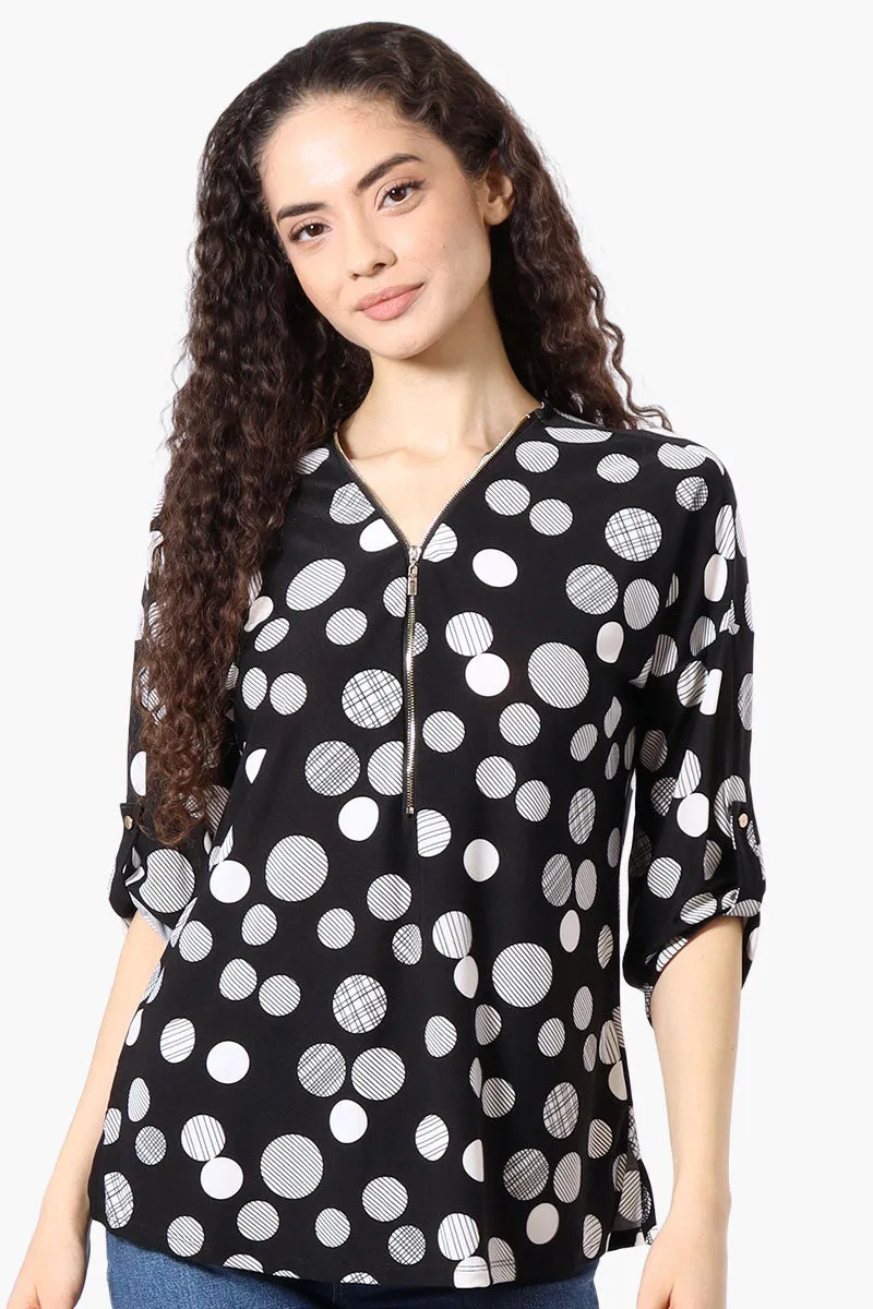 Beechers Brook Dotted Roll Up Sleeve Half Zip Blouse - Black sold by Fairweather