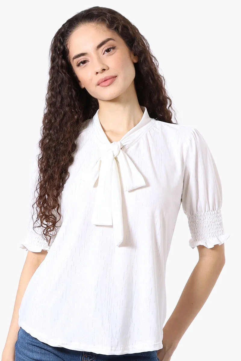 Beechers Brook Tie Neck Smocked Sleeve Blouse - White sold by Fairweather