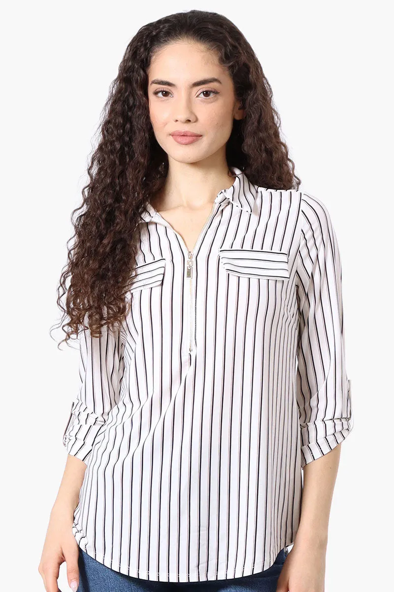 Beechers Brook Striped Roll Up Sleeve Half Zip Blouse - White sold by Fairweather