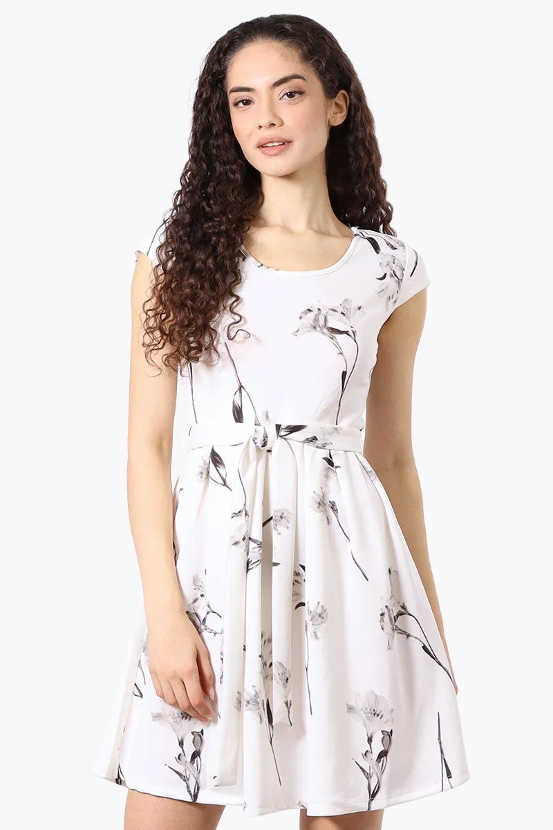 Costa Blanca Floral Belted Cap Sleeve Day Dress - White sold by Fairweather