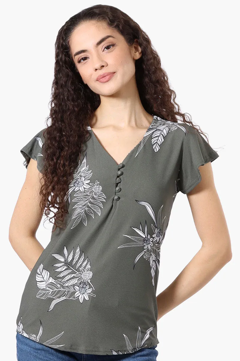 International INC Company Floral Ruffle Sleeve Tee - Olive sold by Fairweather