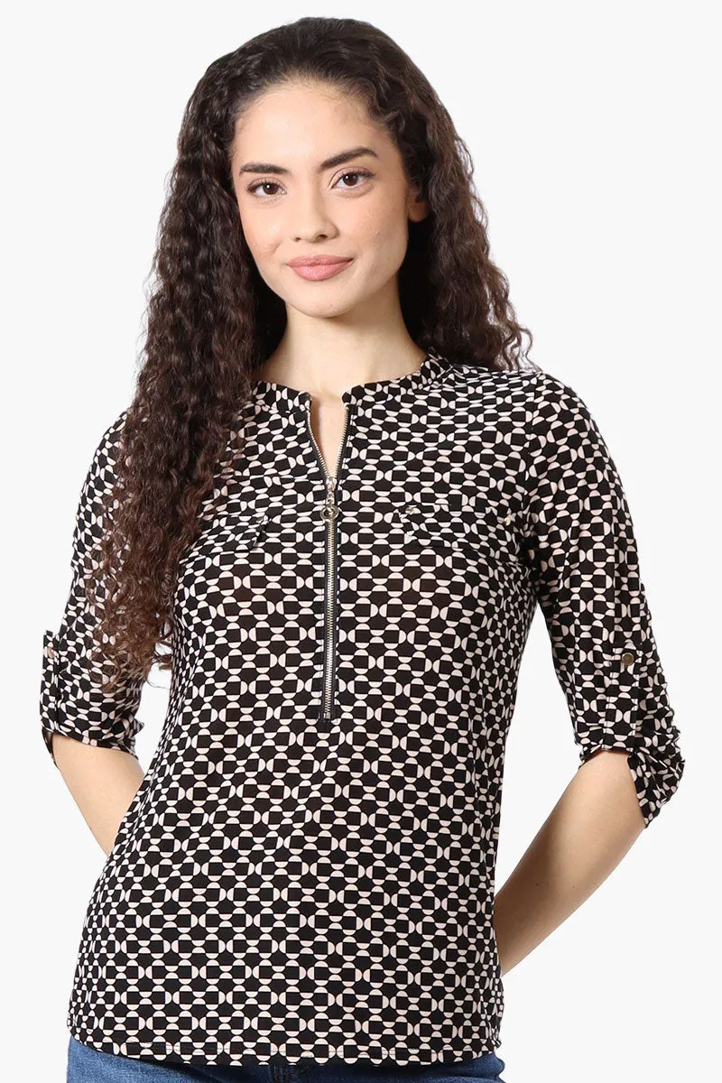 Beechers Brook Patterned Roll Up Sleeve Half Zip Shirt - Black sold by Fairweather