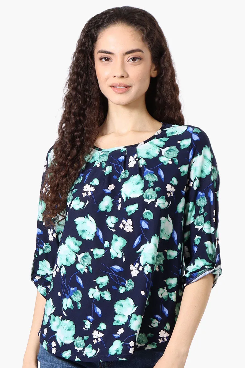 Beechers Brook Floral Roll Up Sleeve Blouse - Navy sold by Fairweather