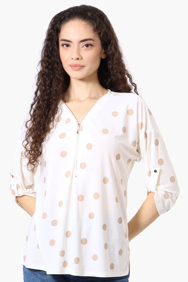 Beechers Brook Dotted Roll Up Sleeve Half Zip Blouse - White sold by Fairweather