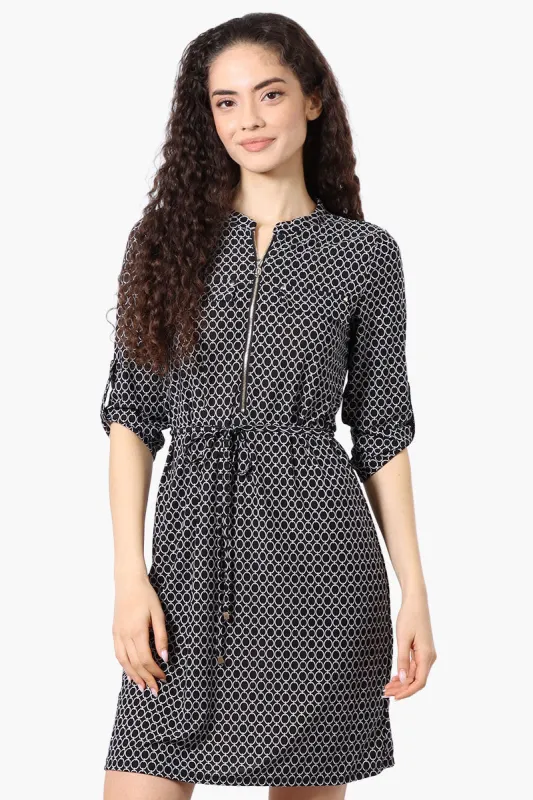 Beecher Brook Patterned Roll Up Sleeve Day Dress - Black sold by Fairweather