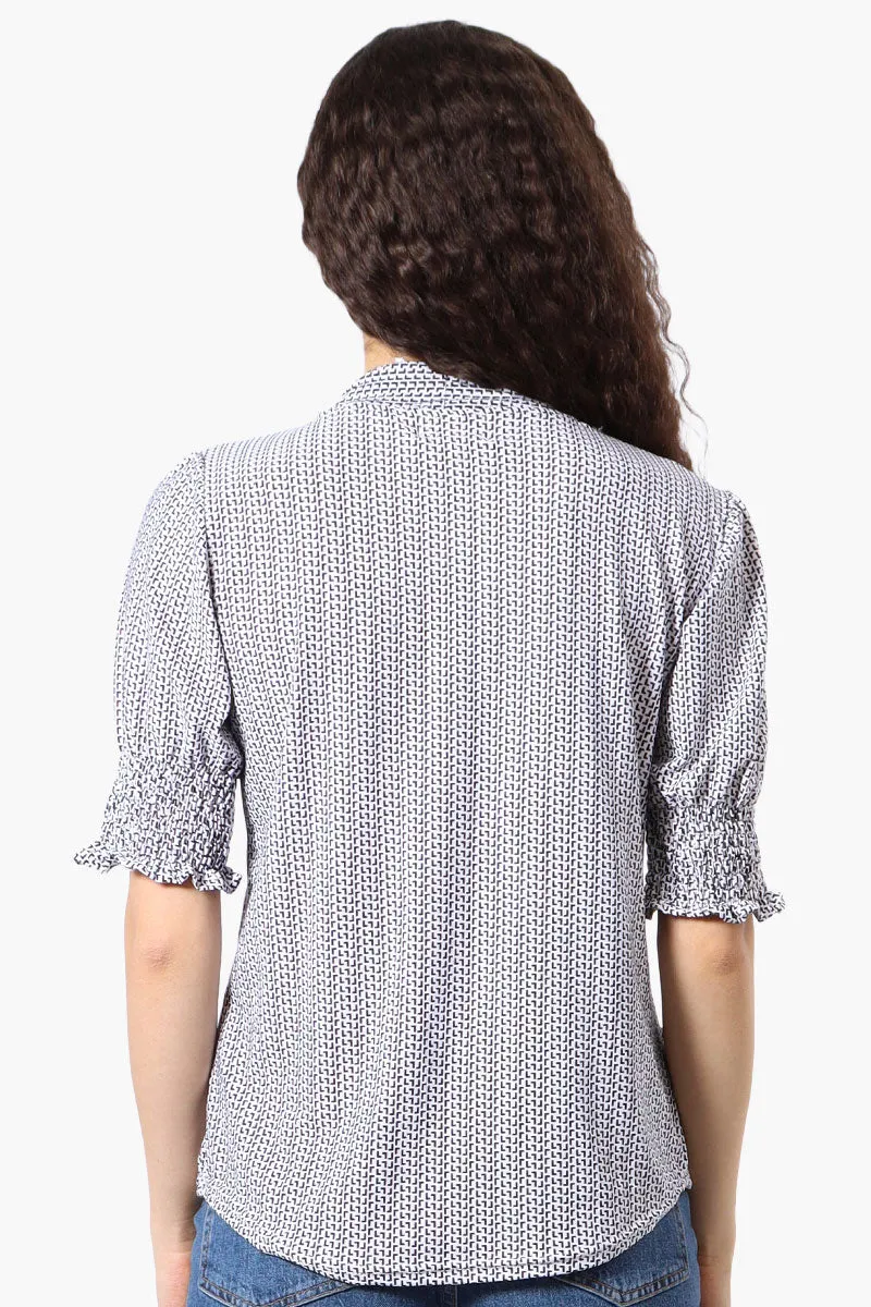 Beechers Brook Patterned Tie Neck Smocked Sleeve Blouse - White sold by Fairweather product image thumbnail 3