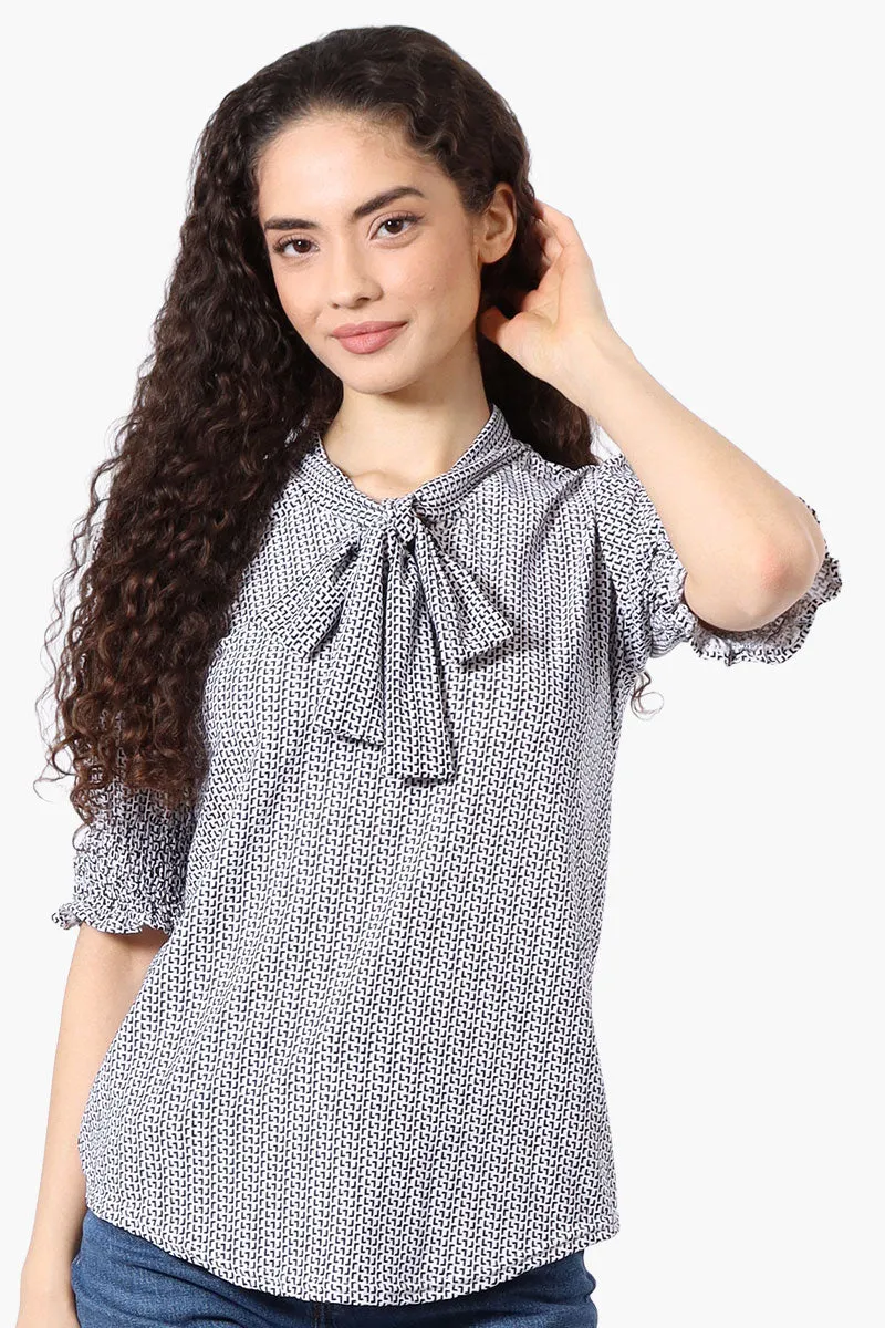 Beechers Brook Patterned Tie Neck Smocked Sleeve Blouse - White sold by Fairweather