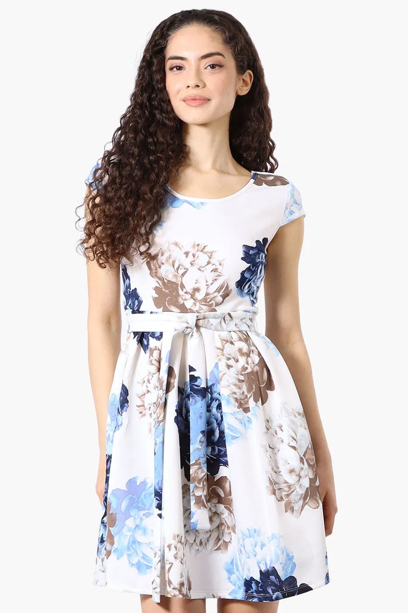 Costa Blanca Floral Belted Cap Sleeve Day Dress - Blue sold by Fairweather