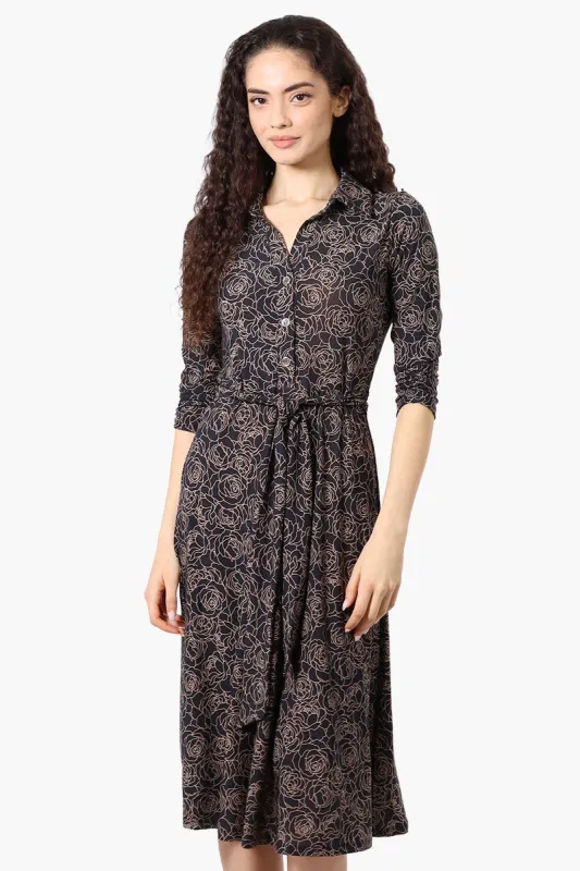 Beechers Brook Floral Button Up Belted Midi Dress - Black sold by Fairweather