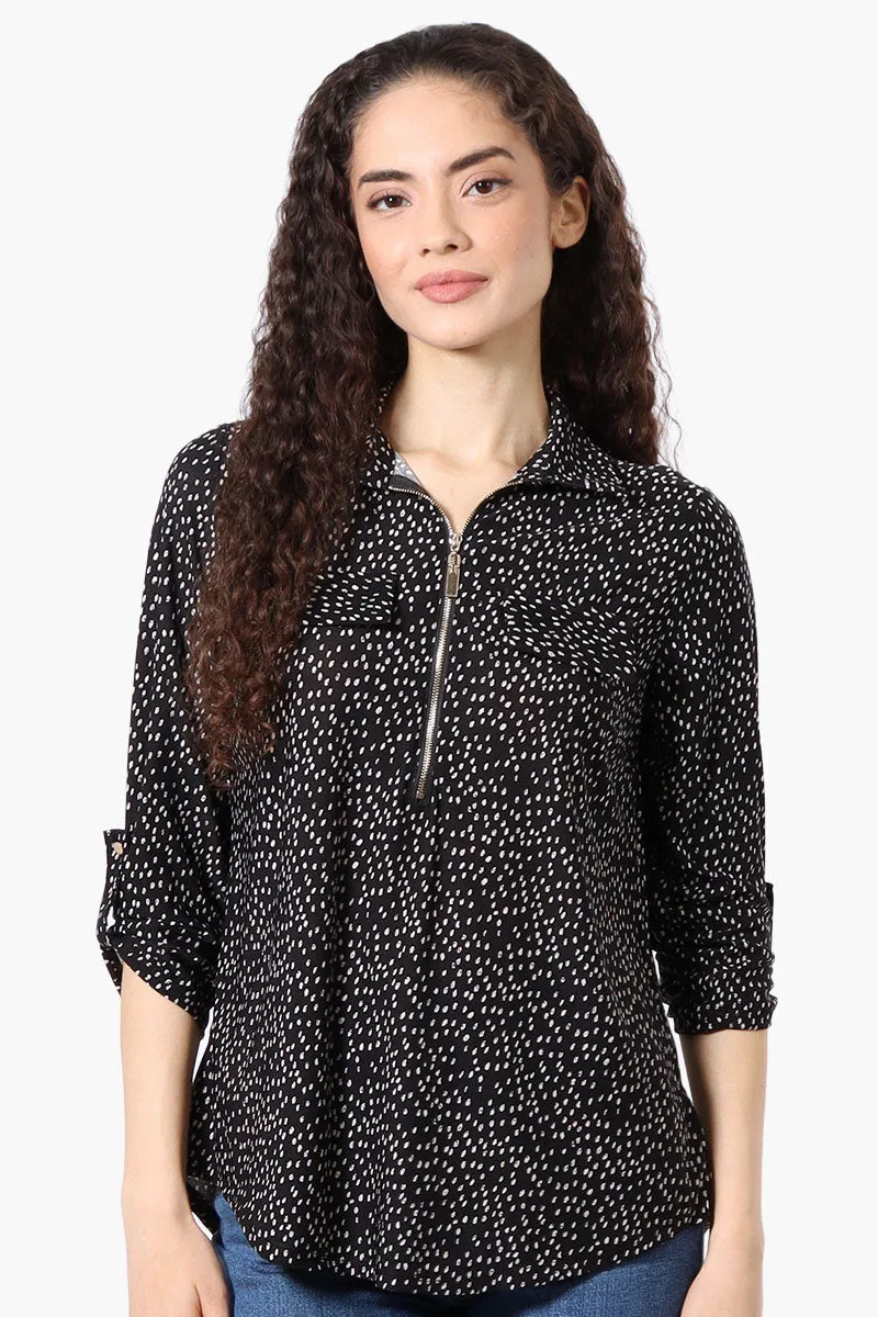 Beechers Brook Patterned Roll Up Sleeve Half Zip Blouse - Black sold by Fairweather
