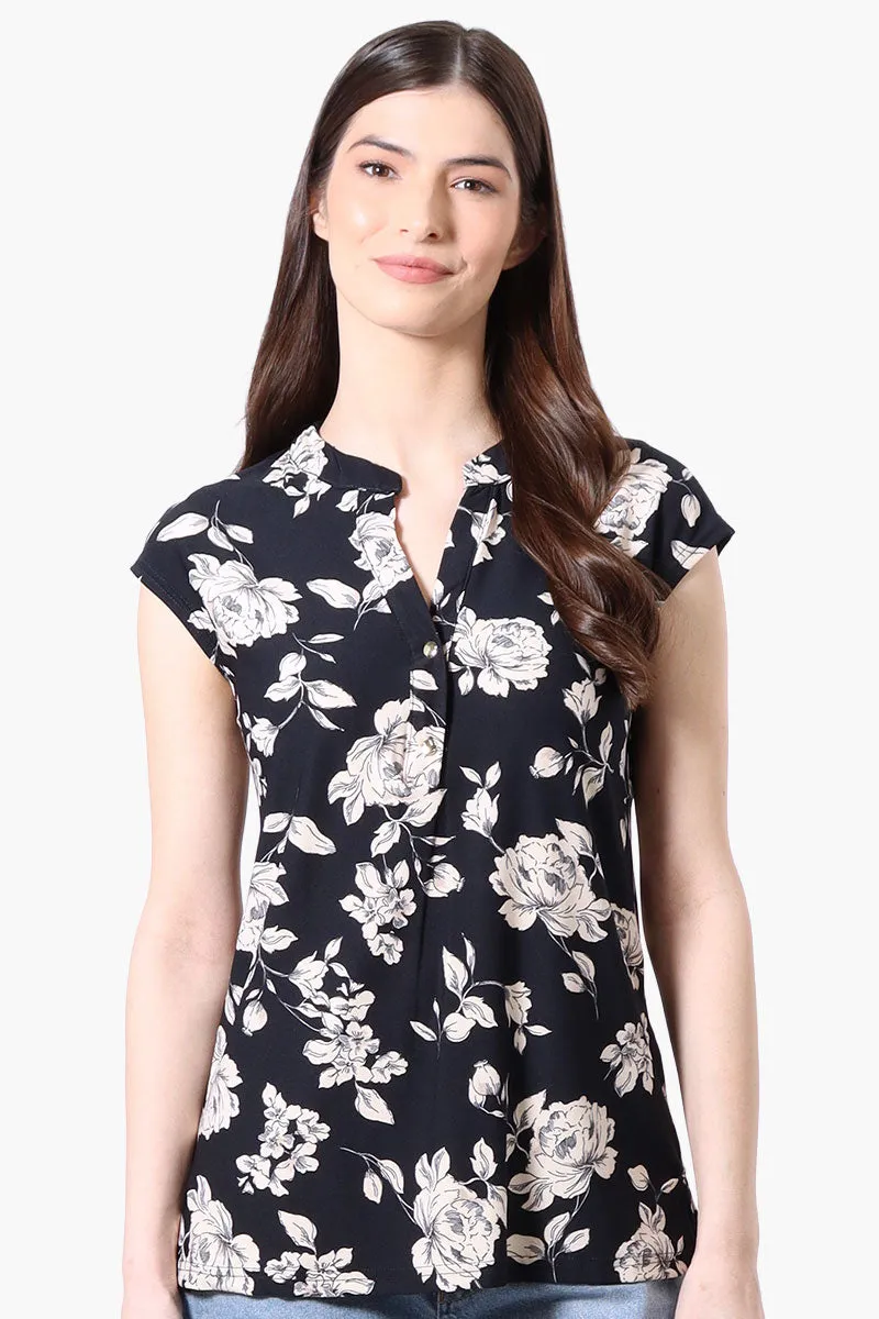 International INC Company Floral Cap Sleeve Henley Shirt - Navy sold by Fairweather