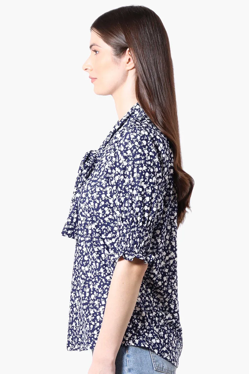 Beechers Brook Floral Tie Neck Smocked Sleeve Blouse - Navy sold by Fairweather product image thumbnail 2
