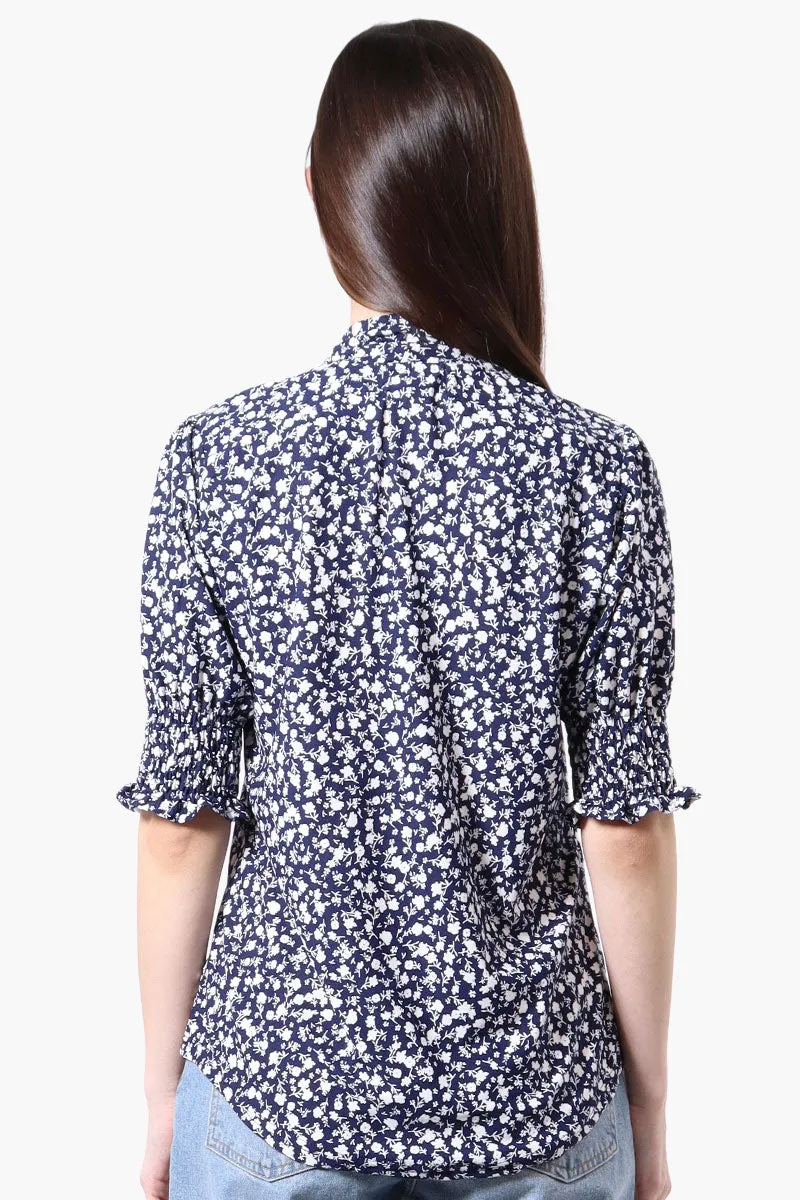 Beechers Brook Floral Tie Neck Smocked Sleeve Blouse - Navy sold by Fairweather product image thumbnail 3