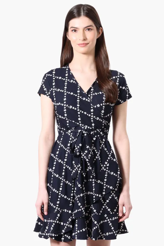 Beechers Brook Floral Belted Crossover Day Dress - Navy sold by Fairweather