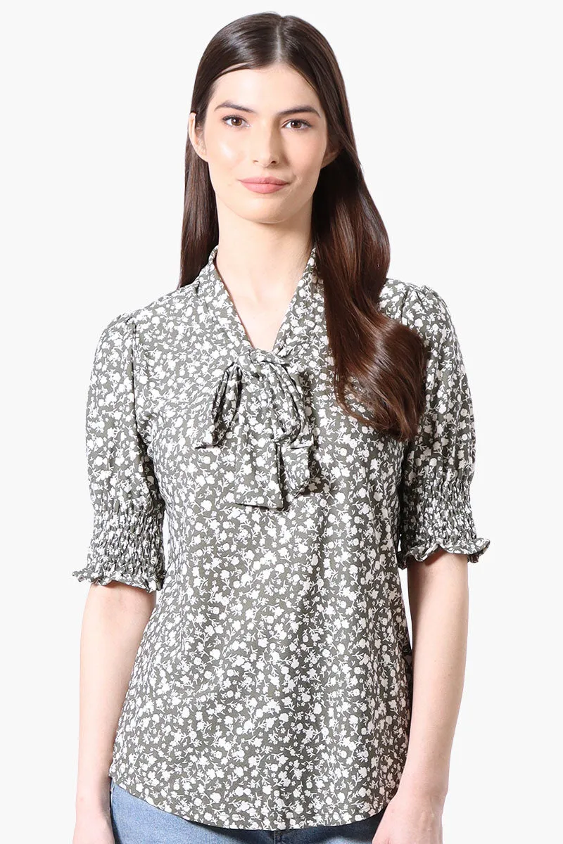 Beechers Brook Floral Tie Neck Smocked Sleeve Blouse - Olive sold by Fairweather