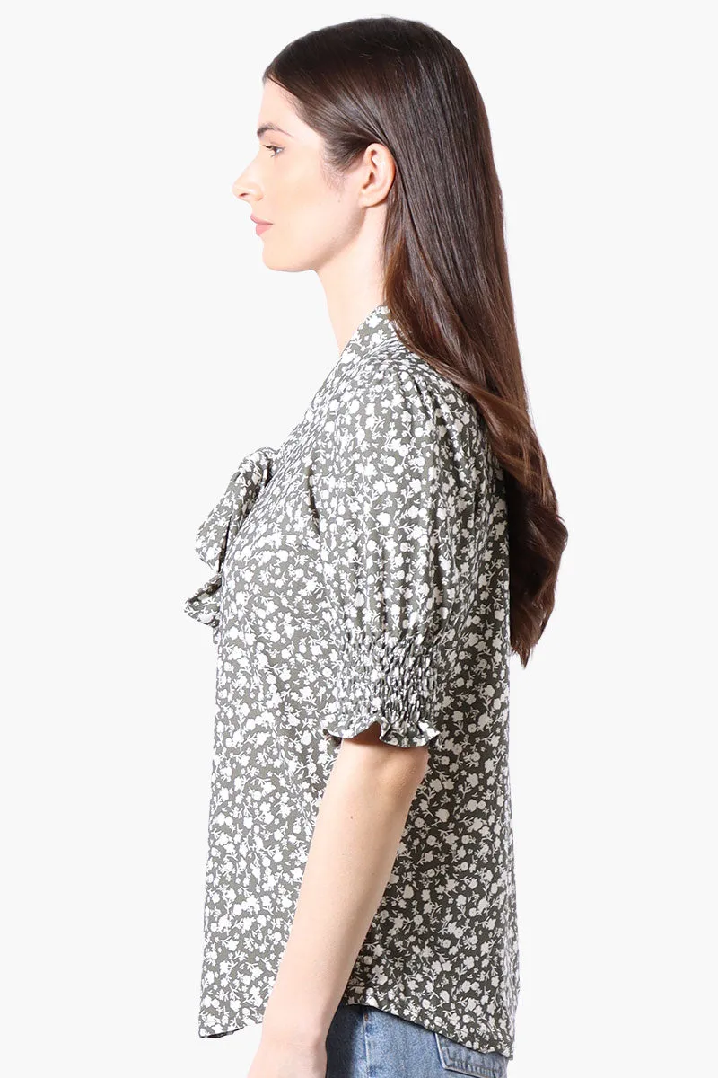 Beechers Brook Floral Tie Neck Smocked Sleeve Blouse - Olive sold by Fairweather product image thumbnail 2