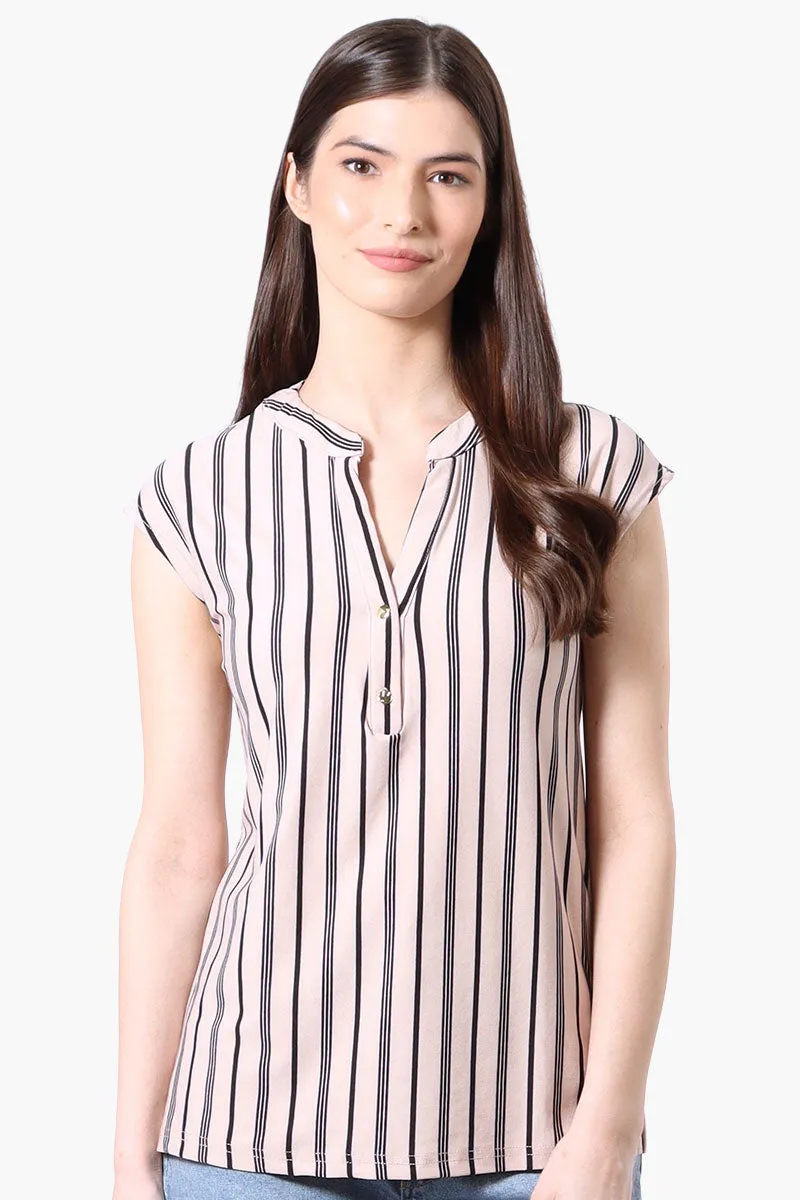 International INC Company Striped Cap Sleeve Henley Shirt - Cream sold by Fairweather