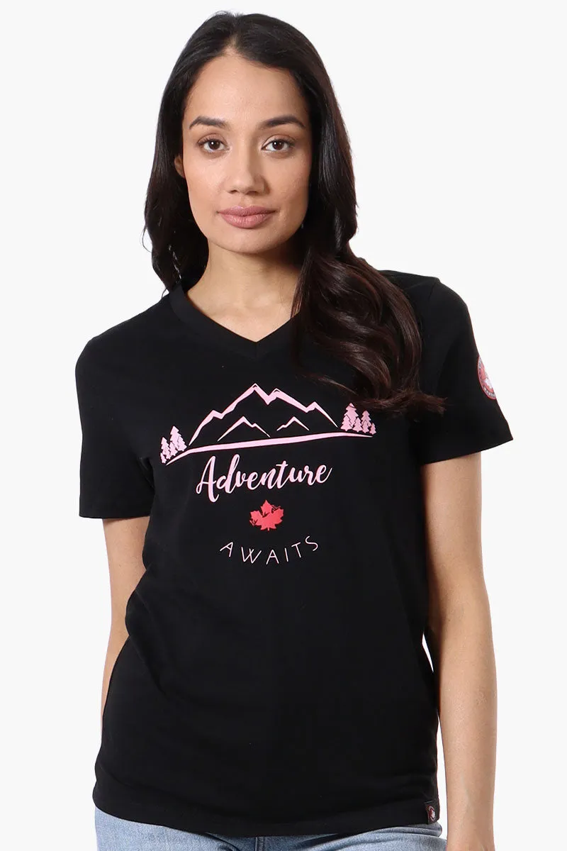 Canada Weather Gear Adventure Awaits Print Tee - Black sold by Fairweather
