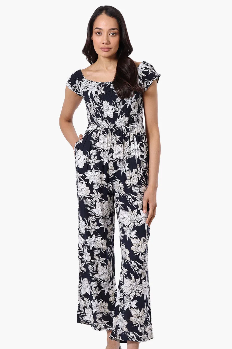 International INC Company Floral Smocked Square Neck Jumpsuit - Navy sold by Fairweather