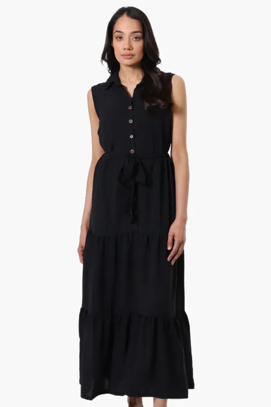 Stylexchange Belted Tiered Front Button Maxi Dress - Black sold by Fairweather