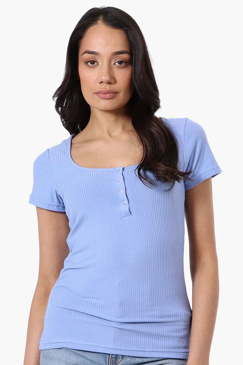 Costa Blanca Ribbed Square Neck Henley Tee - Blue sold by Fairweather