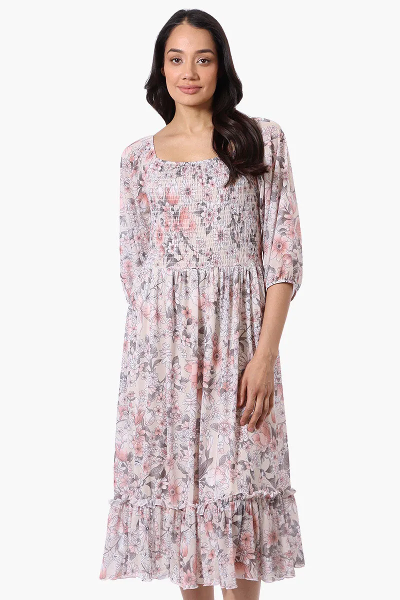 Costa Blanca Floral Tiered Sheer Sleeve Midi Dress - Cream sold by Fairweather