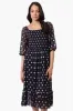 Costa Blanca Polka Dot Tiered Sheer Sleeve Midi Dress - Navy sold by Fairweather