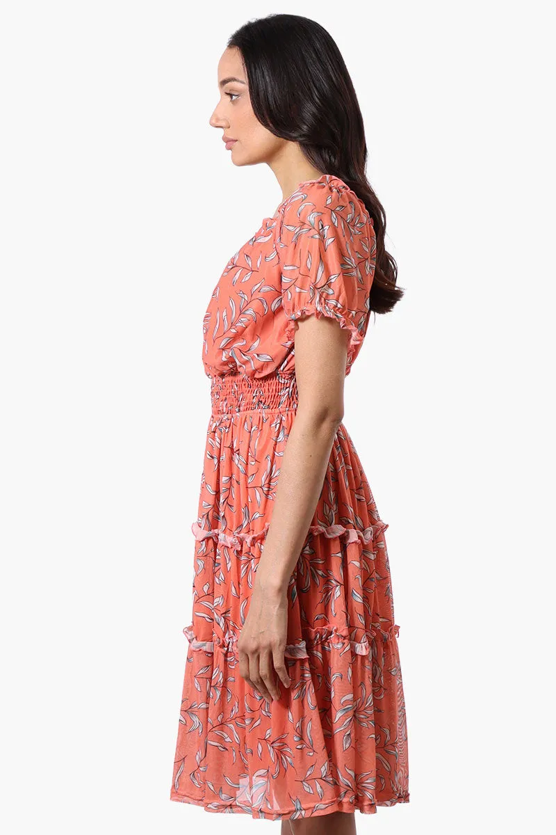 Costa Blanca Leaf Print Tiered Smocked Waist Midi Dress - Coral sold by Fairweather product image thumbnail 2