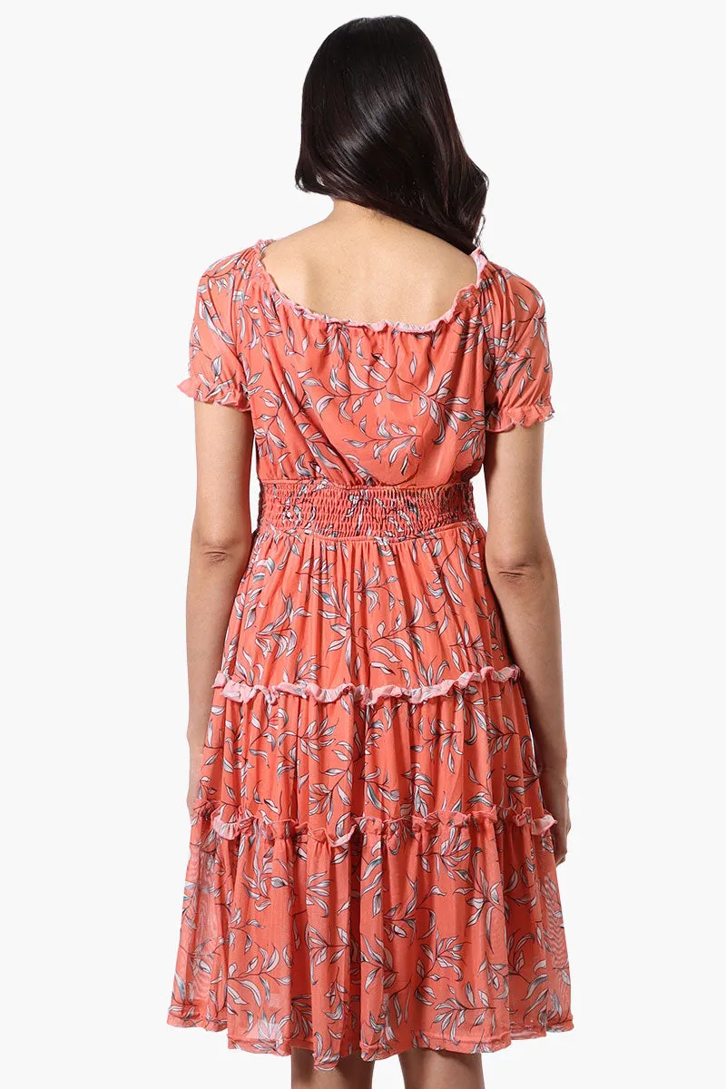 Costa Blanca Leaf Print Tiered Smocked Waist Midi Dress - Coral sold by Fairweather product image thumbnail 3