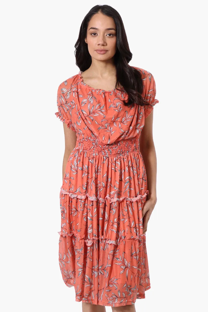 Costa Blanca Leaf Print Tiered Smocked Waist Midi Dress - Coral sold by Fairweather