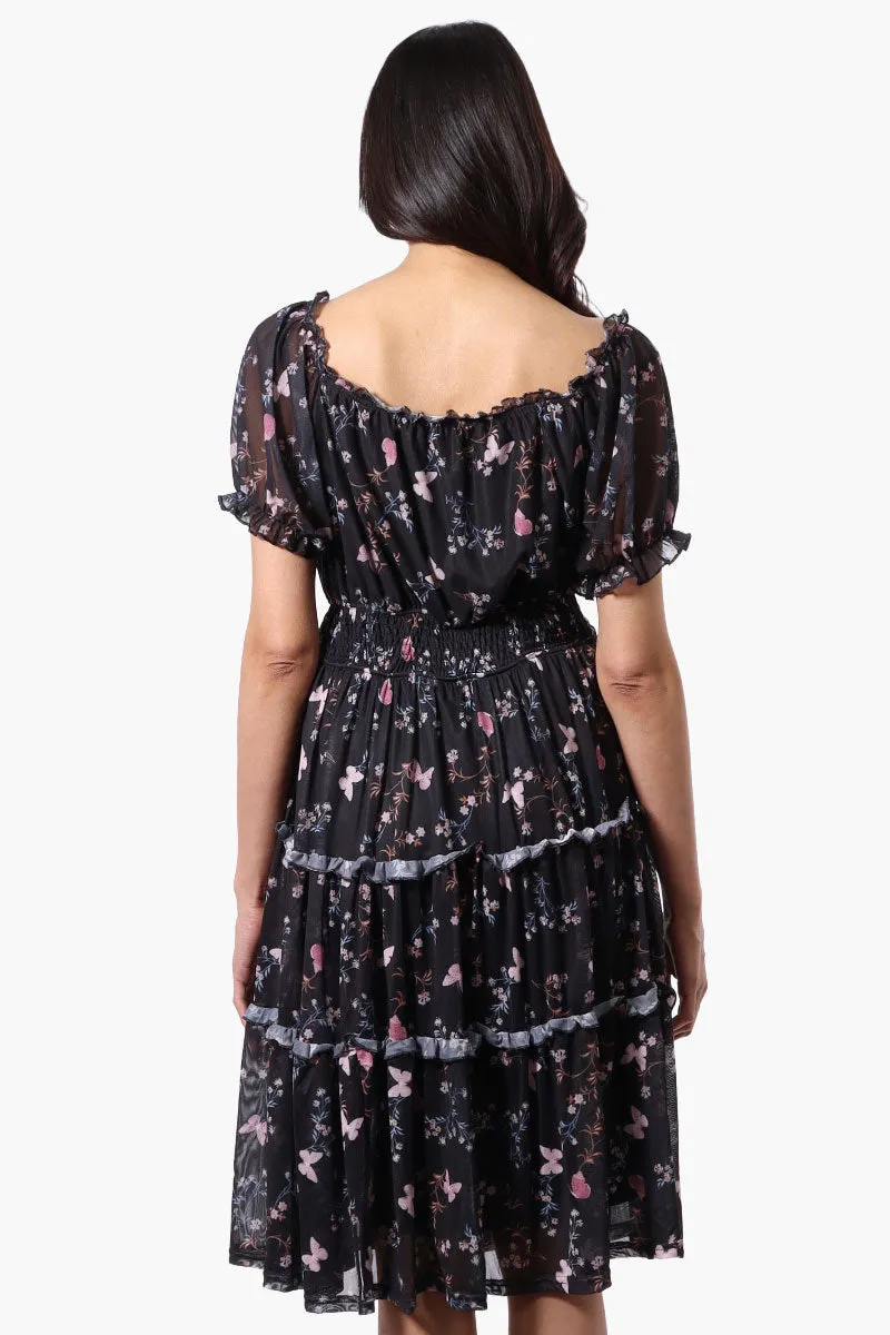 Costa Blanca Floral Tiered Smocked Waist Midi Dress - Black sold by Fairweather product image thumbnail 3