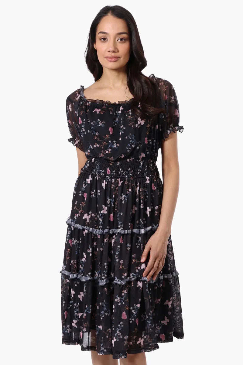 Costa Blanca Floral Tiered Smocked Waist Midi Dress - Black sold by Fairweather