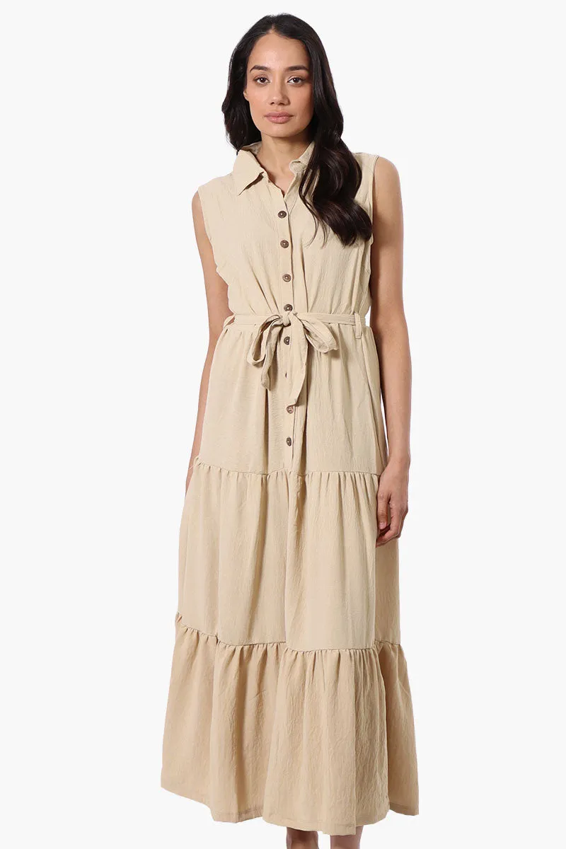 Stylexchange Belted Tiered Front Button Maxi Dress - Beige sold by Fairweather