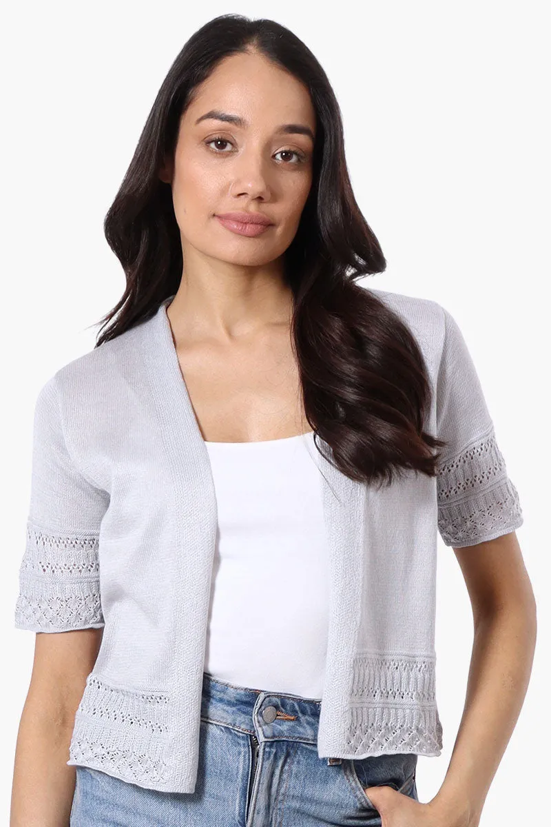 Beechers Brook Crochet Detail Open Shrug Cardigan - Grey sold by Fairweather