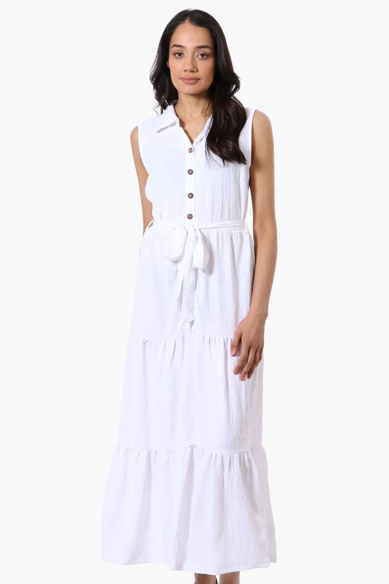 Stylexchange Belted Tiered Front Button Maxi Dress - White sold by Fairweather