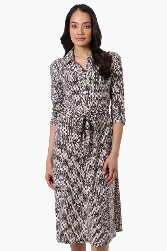 Beechers Brook Patterned Belted 3/4 Sleeve Midi Dress - Black sold by Fairweather