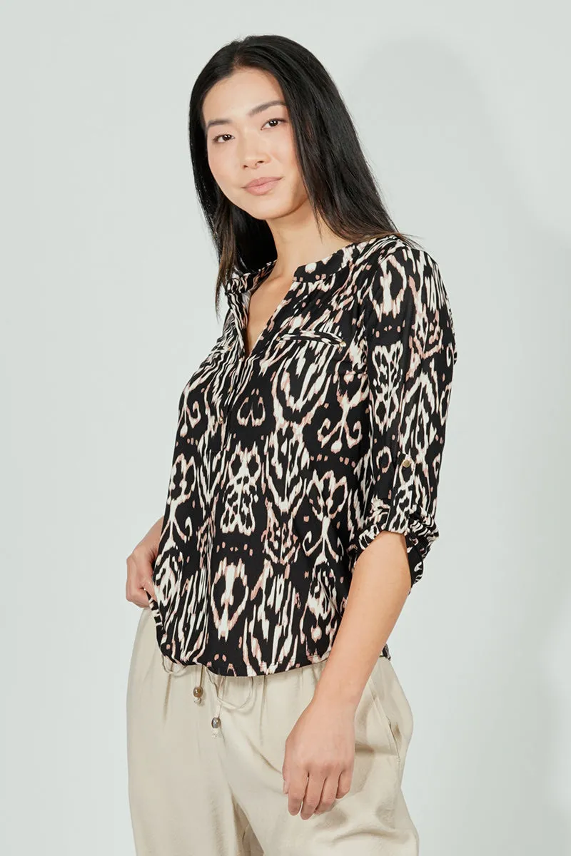 Beechers Brook Patterned Roll Up Sleeve Henley Blouse - Black sold by Fairweather product image thumbnail 2