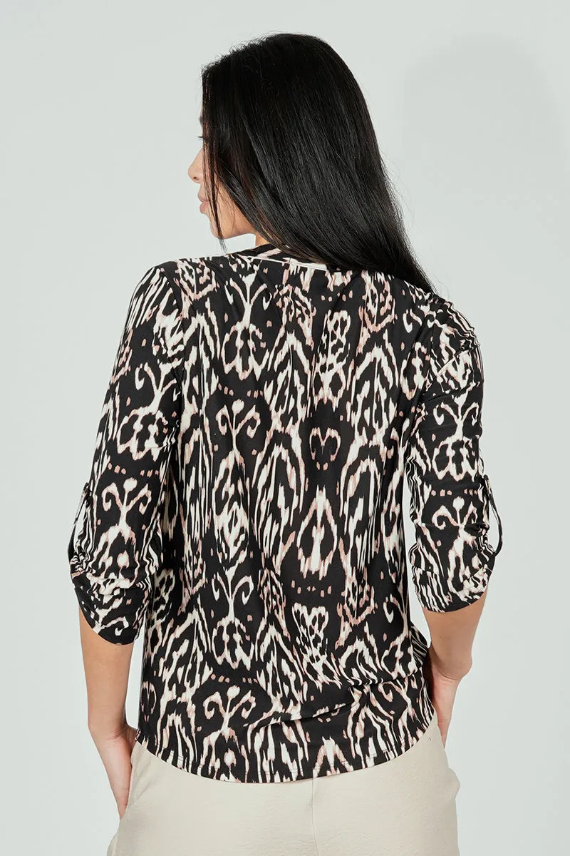 Beechers Brook Patterned Roll Up Sleeve Henley Blouse - Black sold by Fairweather product image thumbnail 3