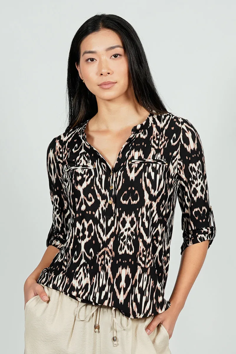Beechers Brook Patterned Roll Up Sleeve Henley Blouse - Black sold by Fairweather