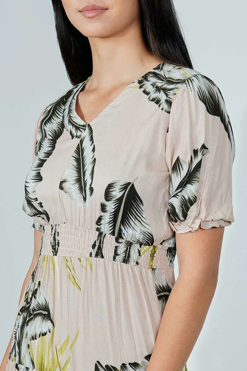 Limite Leaf Print Smocked Tiered Midi Dress - Beige sold by Fairweather product image thumbnail 4